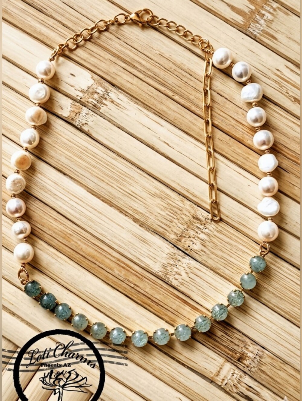 Natural Green Jade & Freshwater Cultured Baroque Pearl Necklace 14K Gold Plated